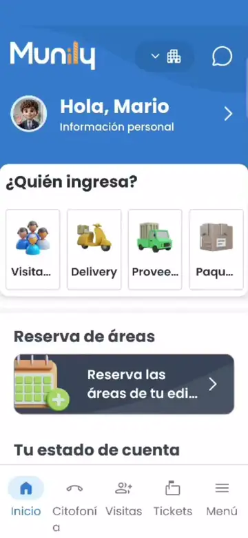 Pantalla de inicio de la app de Munily