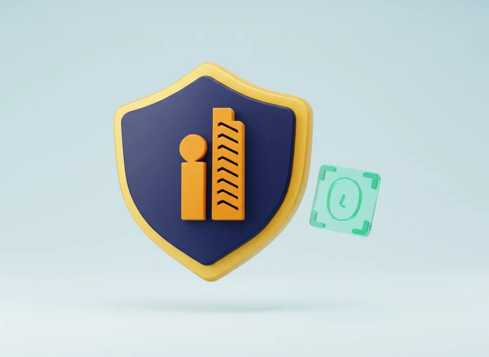 Ilustración 3D: escudo de seguridad de Munily junto a un marco de escaneo facial