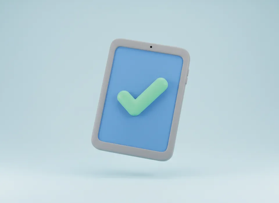 Ilustración 3D: tablet con la entrega de puesto verificada