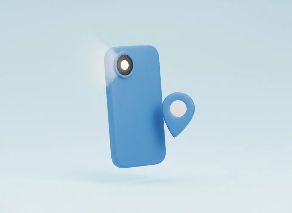 Ilustración 3D: celular capturando la foto de una novedad con pin de ubicación