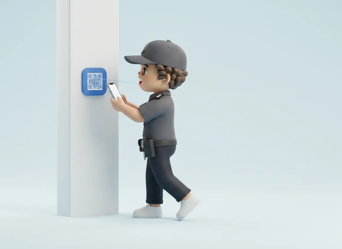 Ilustración 3D: guardia de Munily escaneando un punto QR de ronda en una columna