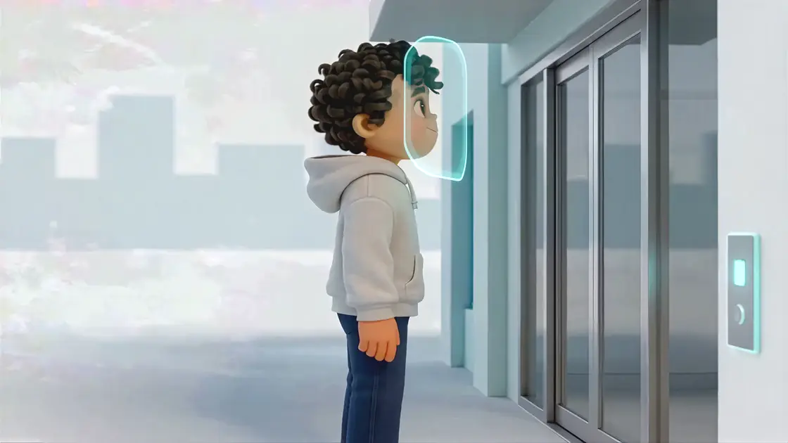 Mario frente a la puerta principal de su edificio, junto al dispositivo de reconocimiento facial de MAIA