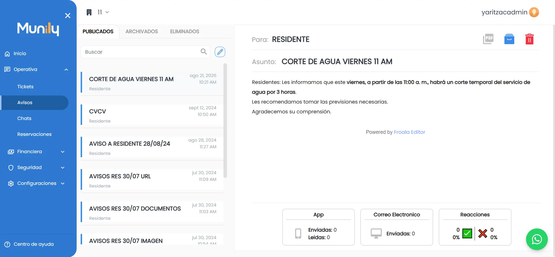 Módulo de avisos de Munily con un comunicado y sus confirmaciones de lectura
