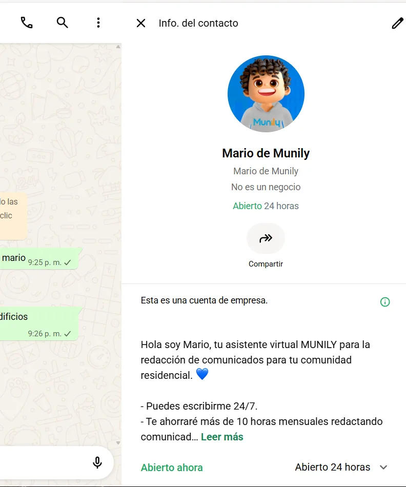 Perfil de Mario, el asistente virtual de Munily, en WhatsApp: escribe comunicados 24/7