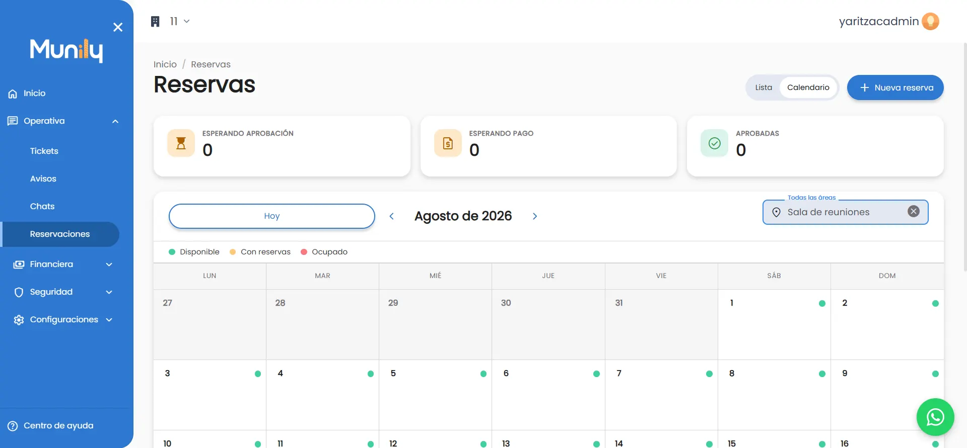 Calendario de reservas de áreas comunes en el panel de Munily